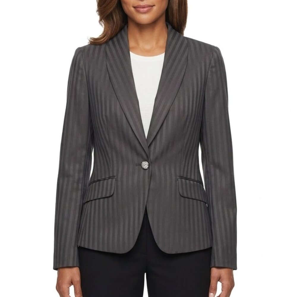 Worthington Black Pinstripe Blazer Dark Academia Satin Trim Office Goth Size 6
